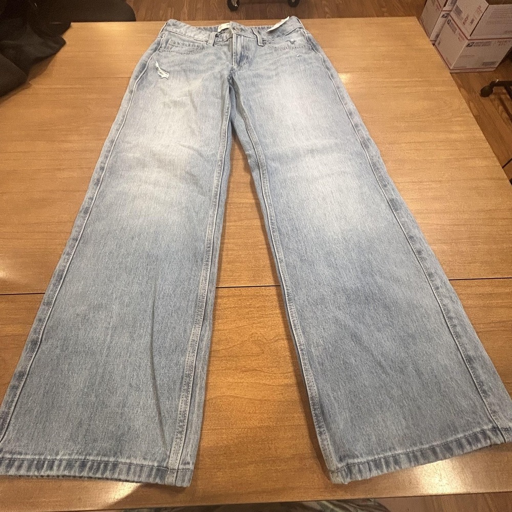 Hollister Jeans Juniors 00S Light‎ Blue Low Rise Wide Leg Distressed Denim NWT